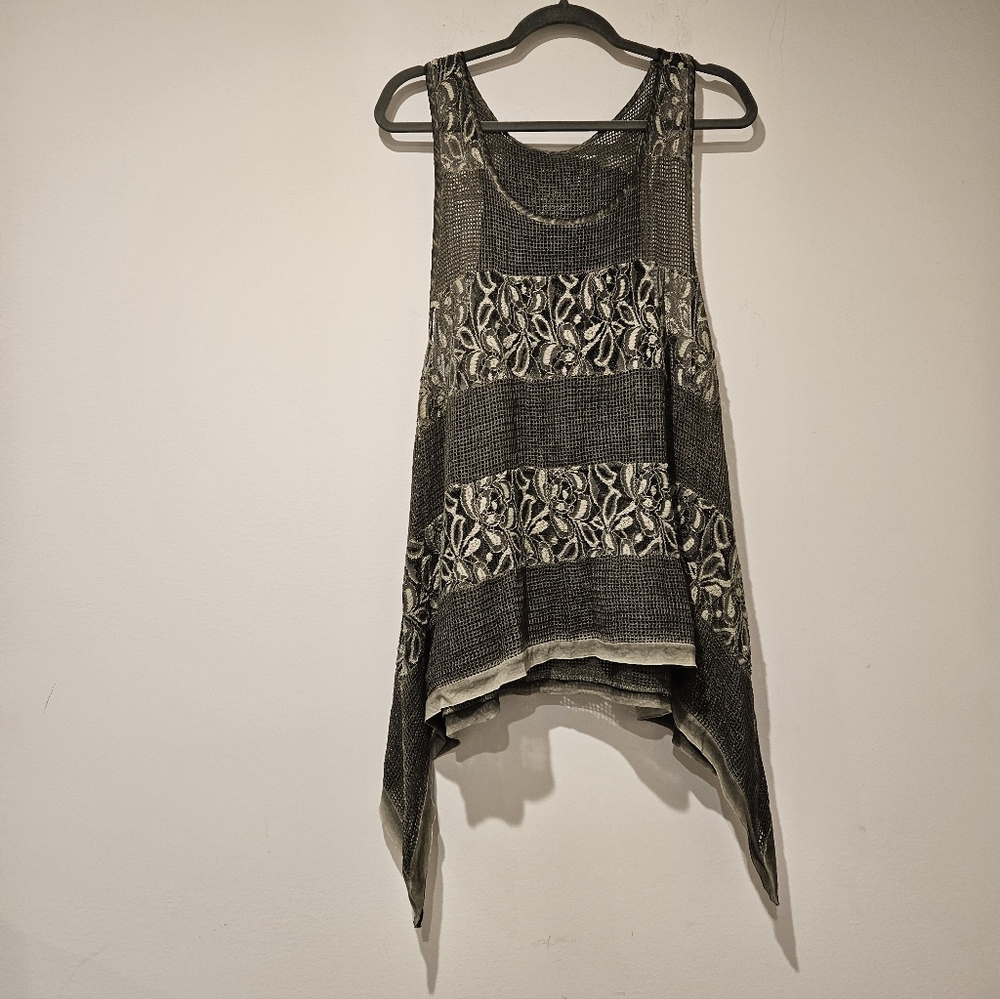 Sleeveless Striped Lace-Panel Knit Tank Top With Matching Scarf,Size Large,khaki